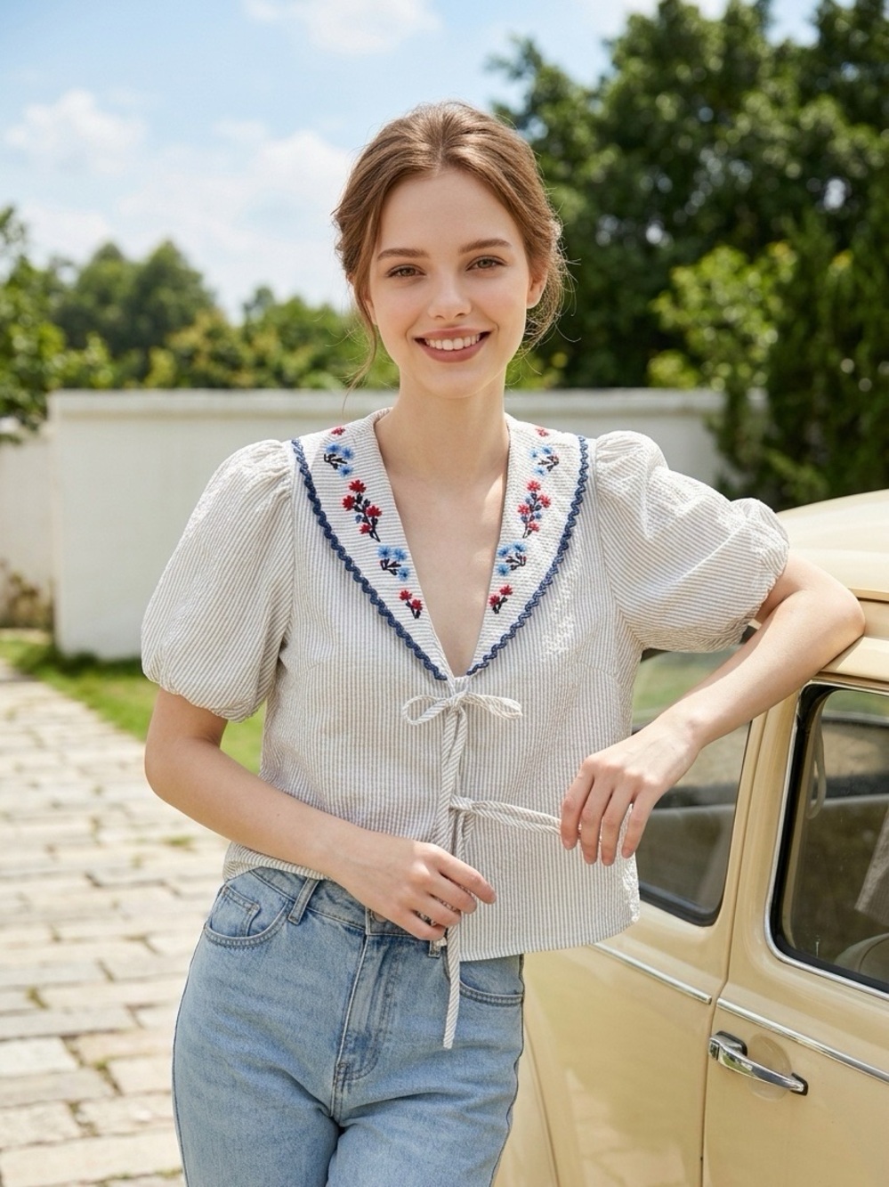 NWT Caroline Constas Embroidered Tie Front Puff Sleeve Top Size S